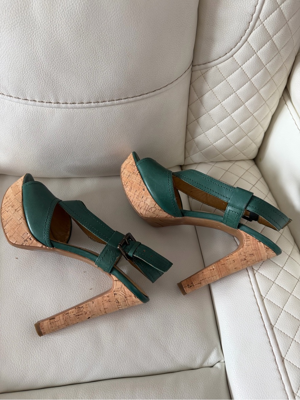 Green Cork Platform Heels - Women's Strappy Sandals